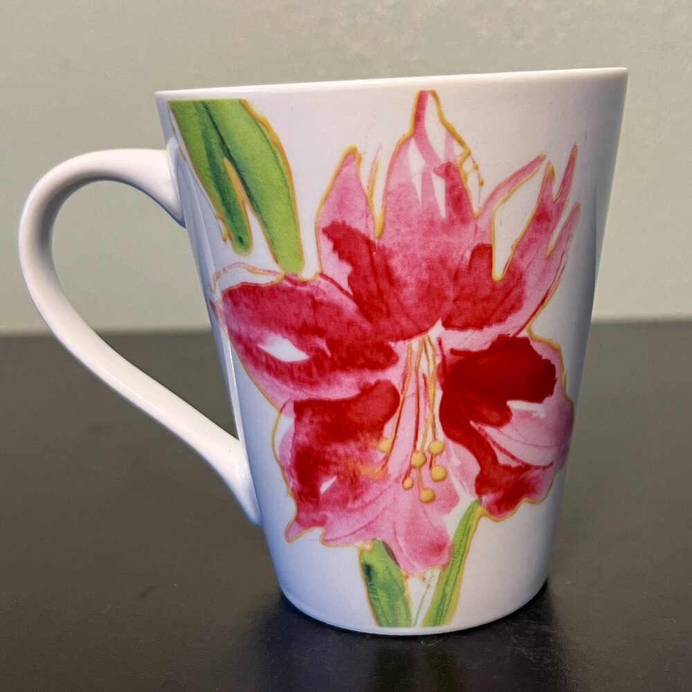 Paula Deen Amaryllis Pink Flower Watercolor Tea Cup Coffee Mug Floral 11oz